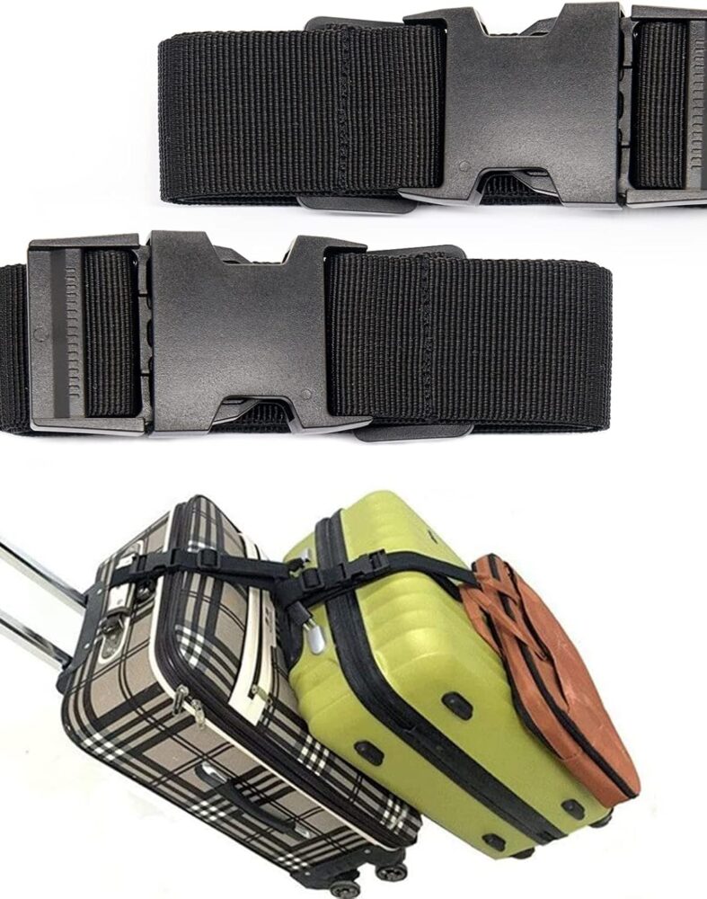 Luggage Straps for Suitcases, Travel Belt Multiple Connector, 2 Pack Black | Thick Weave High Tensile 600D Fabric, Heavy Duty Polyester, Quick Release Buckle, Adjustable 25" to 45", Fits Most Luggage