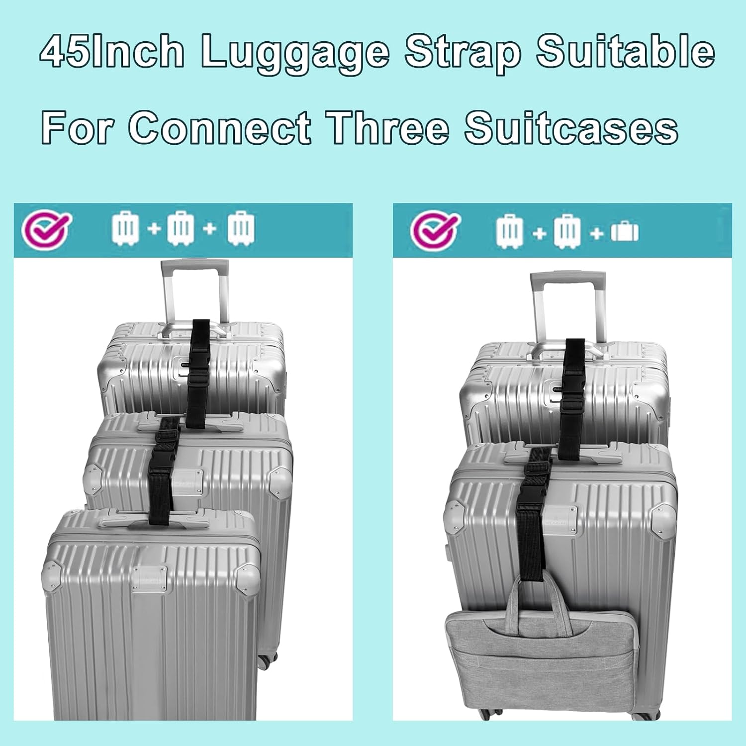 Luggage Straps for Suitcases, Travel Belt Multiple Connector, 2 Pack Black | Thick Weave High Tensile 600D Fabric, Heavy Duty Polyester, Quick Release Buckle, Adjustable 25" to 45", Fits Most Luggage - Image 3